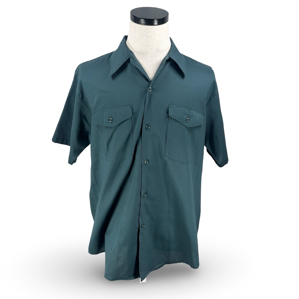 Vintage Lee Mens Short Sleeve Work Shirt Dark Green Permanent Press USA 16-16.5